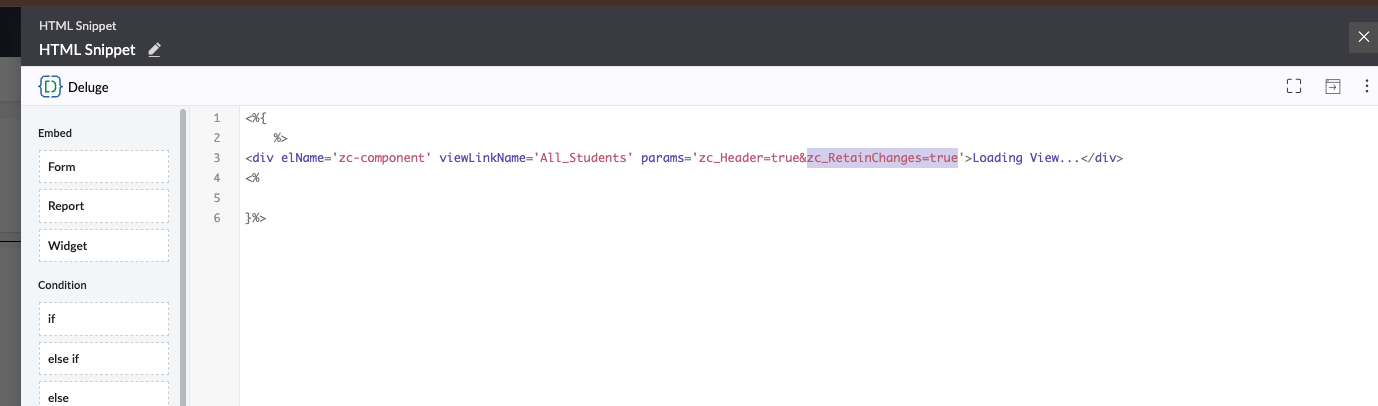 Zoho Creator HTML Snippet showing zc_RetainChanges parameter