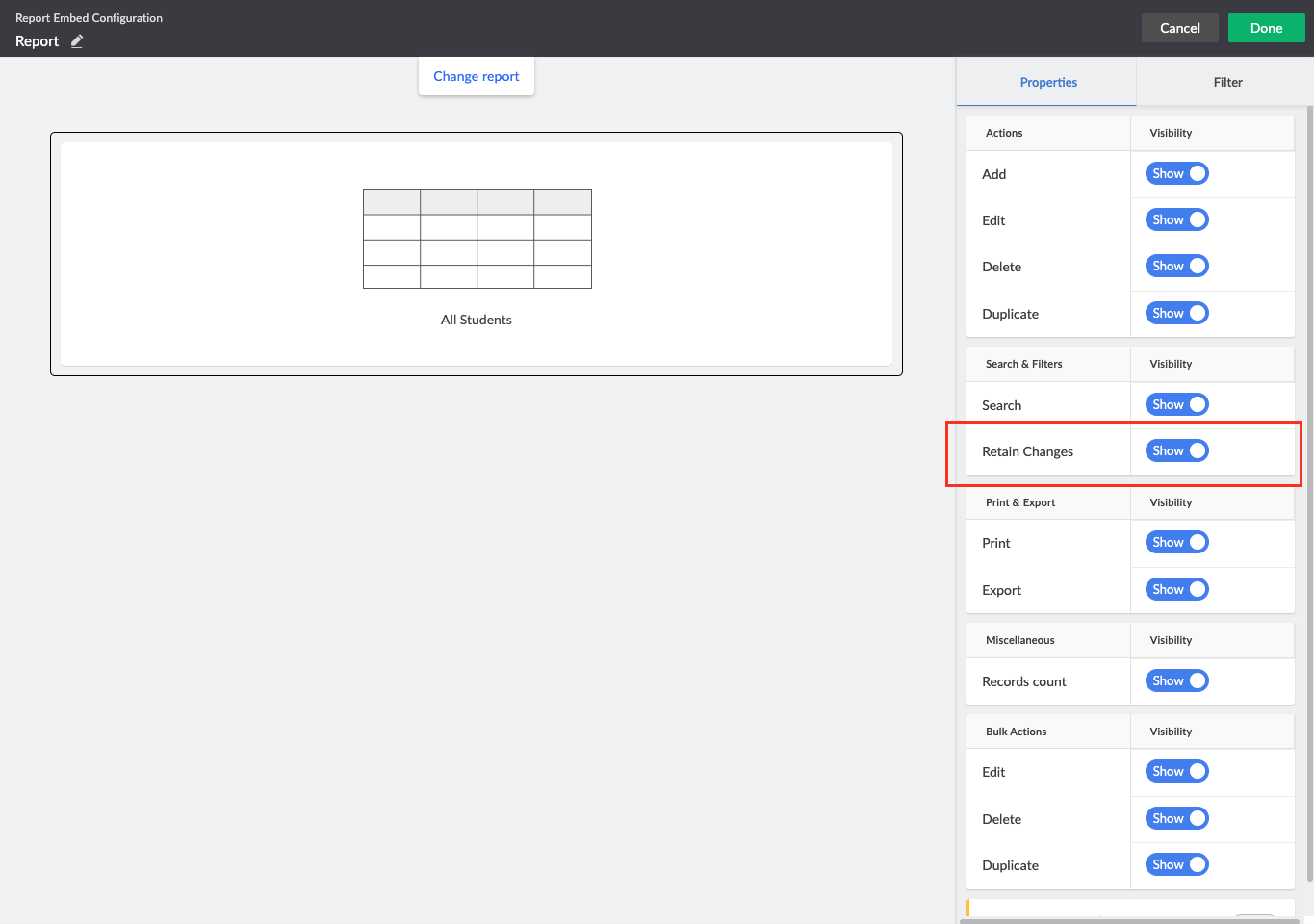 Zoho Creator Report Embed Configuration showing Retain Changes toggle